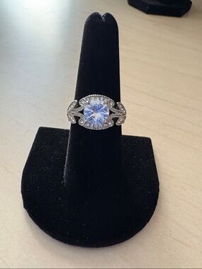 Sparkling Silver-Tone White Solitaire Halo Ring